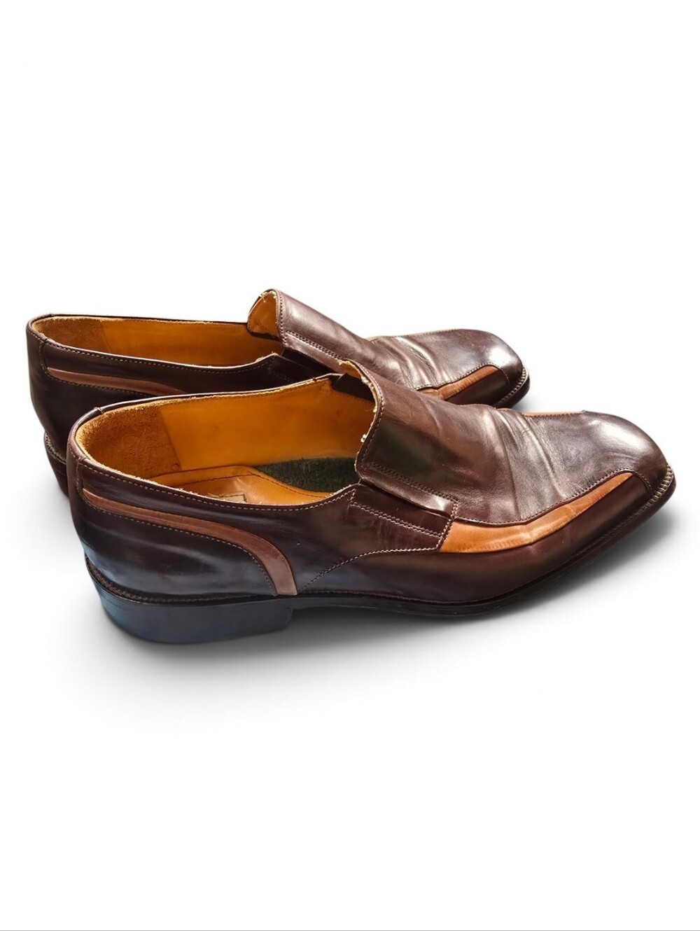 Galizio Torresi Two-Tone Dark Brown and Tan Leather Slip-On Loafers 39